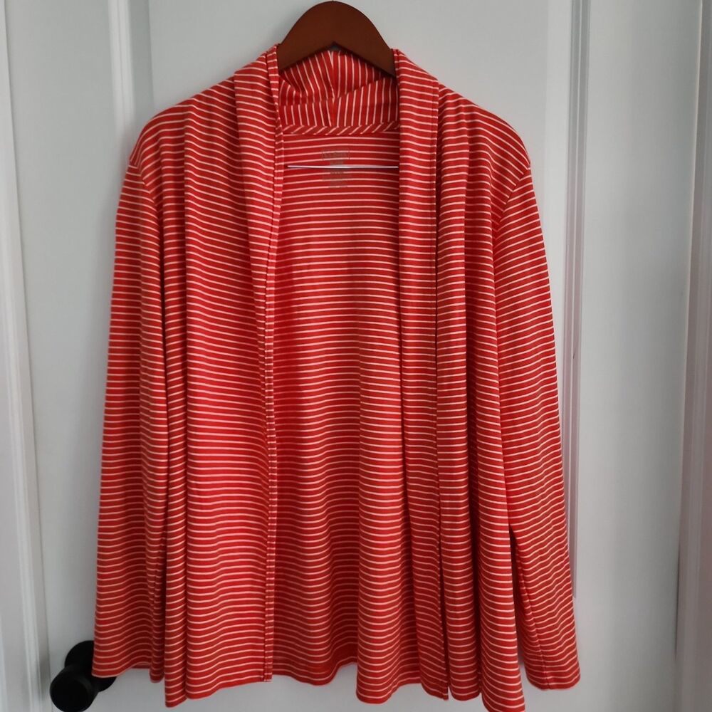 LL Bean Cardigan Womens XL Orange White Striped Open Front Supima Cotton Casual